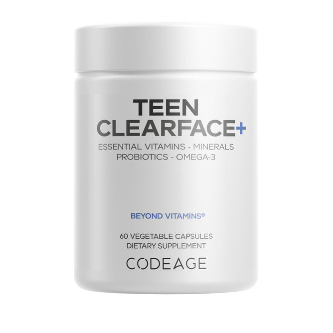 Codeage Teen Clearface is a white bottle with 60 veggie capsules featuring essential vitamins, minerals, probiotics, and omega-3—ideal skin vitamins for teens. The brand Codeage appears at the bottom.