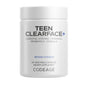Codeage Teen Clearface is a white bottle with 60 veggie capsules featuring essential vitamins, minerals, probiotics, and omega-3—ideal skin vitamins for teens. The brand Codeage appears at the bottom.