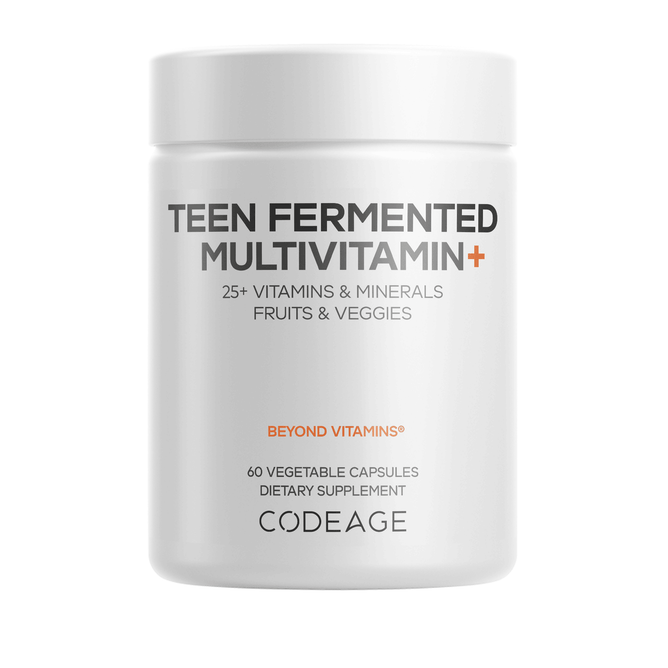 A white bottle labeled "Teens Fermented Multivitamin+ Capsules" from Codeage, containing 60 vegetable capsules. The label highlights a blend of over 25 vitamins, minerals, fruits, and vegetables—formulated as a premium multivitamin to support the unique needs of growing teens. The Codeage brand name appears at the bottom.