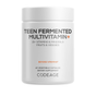 A white bottle labeled "Teens Fermented Multivitamin+ Capsules" from Codeage, containing 60 vegetable capsules. The label highlights a blend of over 25 vitamins, minerals, fruits, and vegetables—formulated as a premium multivitamin to support the unique needs of growing teens. The Codeage brand name appears at the bottom.