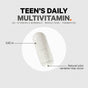 A white Codeage Teens Fermented Multivitamin+ capsule, measuring 0.82 inches in length, is shown with text highlighting its natural color variation under the heading "Teens Fermented Multivitamin+." Additional details mention the inclusion of essential vitamins and minerals designed specifically for teens.
