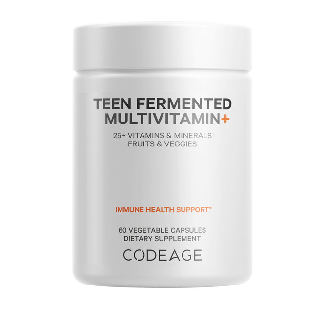Codeage Teens Fermented Multivitamin offers 25+ vitamins, minerals, fruits, and veggies to support immune health. This teen supplement comes in a white bottle with 60 vegetable capsules.