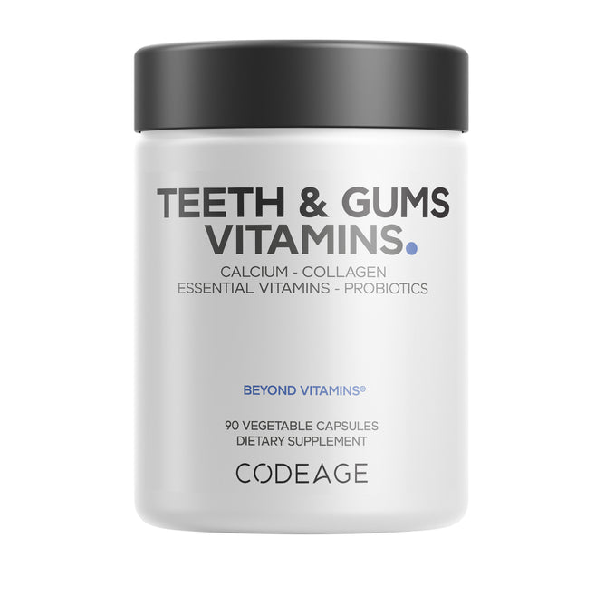 Codeage Teeth & Gums Vitamins come in a white bottle with a black lid and label, offering calcium, collagen, essential vitamins, and soil-based probiotics. Each bottle contains 90 vegetable capsules.