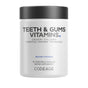 Codeage Teeth & Gums Vitamins come in a white bottle with a black lid and label, offering calcium, collagen, essential vitamins, and soil-based probiotics. Each bottle contains 90 vegetable capsules.