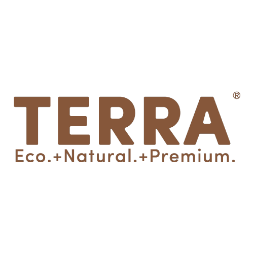 The image shows the word TERRA in bold brown letters, with the words Eco. + Natural. + Premium. in smaller brown text underneath, all on a light background.