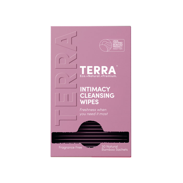 A pink box labeled Terra Intimacy Wipes - Daily PH Balancing, Fragrance & Sulfate Free, Individually Wrapped. The box features 30 natural bamboo sachets and a USDA Certified Biobased Product logo.