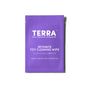 A purple packet labeled Terra Intimate Toy Cleaning Wipes, individually wrapped, with white eco and natural antibacterial wipes text and additional Japanese writing below the main label.