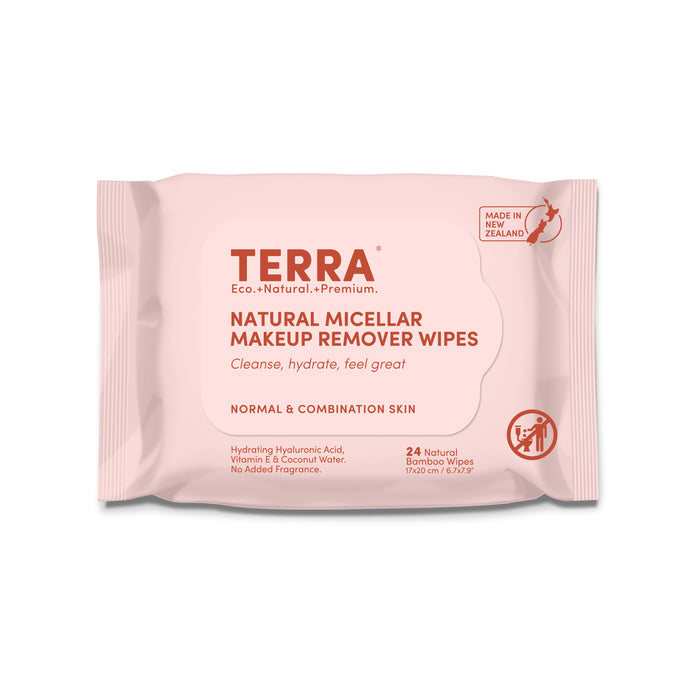 A pink pack of Terra Hydrating and Cleansing Micellar Makeup Remover Wipes for normal & combination skin, enriched with Hyaluronic Acid. Made in New Zealand; contains 24 wipes.