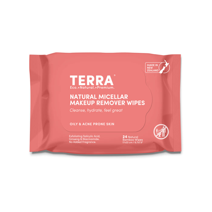 A pink package of Terra Hydrating and Cleansing Micellar Makeup Remover Wipes for Face & Eyes—ideal for oily, acne-prone skin—features exfoliating salicylic acid, soothing niacinamide, natural bamboo wipes, and is made in New Zealand.