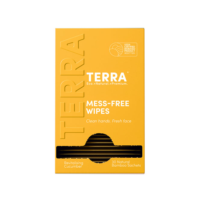 A yellow box of Terra Mess Free Multi-Purpose Wipes, Individually Wrapped, labeled “Eco. Natural. Premium.”, contains 30 natural bamboo sachets in a Revitalising Cucumber scent and features a cut-out window to view the wipes inside.