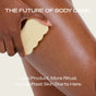 A person rubs The Body Serum Bar Set by Ember Wellness on their shiny, moisturized thigh. Text reads: THE FUTURE OF BODY CARE. Less Product. More Ritual. Deeply hydrate and soothe sensitive skin—your softest skin starts here.