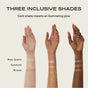 Three raised arms with varying skin tones show off The Complete Minibar Set by Ember Wellness, featuring shimmery swatches of Rose Quartz, Sunstone, and Bronze for a glowing, inclusive look. Text: "Three Inclusive Shades.
