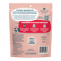 Back of a Shameless Pets Crunchy Cat Treats - The Elves Work for Me package showing product information, including ingredients, nutritional facts, upcycled ingredients, company mission, feeding guidelines, and barcode. The pink package features text and icons.