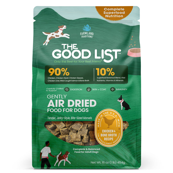 A green bag of The Good List by Farmland Traditions Chicken & Bone Broth Recipe features 90% chicken, a 10% superfood blend, and drawings of a dog and person; use as food, topper, or mixer for dogs.