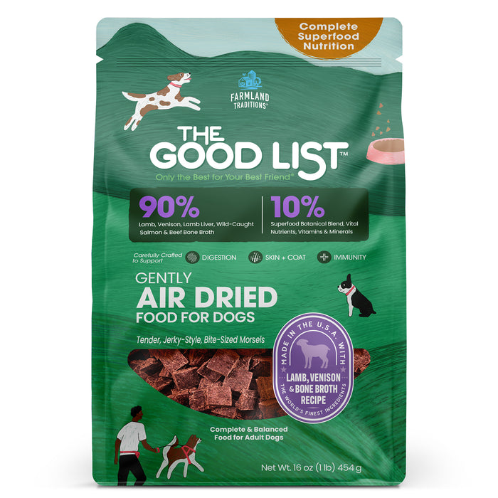 A green bag of The Good List by Farmland Traditions Lamb, Venison & Bone Broth Recipe Food, Topper, and Mixer for Dogs features jerky-style morsels and premium nutrition made with quality ingredients.