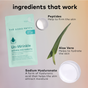 A packet of The Good Patch Un-Wrinkle Microdart Patches is shown with white cream, aloe vera leaf, and powder—featuring peptides, aloe vera, and sodium hyaluronate to help reduce fine lines. Text: ingredients that work.