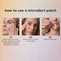 A woman shows how to use The Good Patch Un-Wrinkle Microdart Patches: apply to skin, press gently, then remove. Text explains these patches help reduce fine lines and wrinkles.