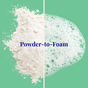 A split image features The Powder Shampoo’s Exfoliating Shampoo powder on the left and anti-dandruff foam on the right, both set against a green background. “Powder-to-Foam” appears in blue text across the center.