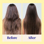 Side-by-side comparison: left shows long, wavy, frizzy brown hair labeled Before; right shows smooth, voluminous brown hair labeled After—the result of using The Powder Shampoos Hydrating Volume Conditioner for fine or thinning hair.