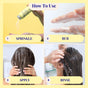 Step-by-step visual instructions for using Hydrating Volume Conditioner by The Powder Shampoo: Sprinkle powder onto hand, rub hands together, apply to wet fine hair, then rinse with water.
