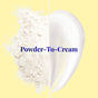 A split image shows powder left and cream right, divided by a vertical line. Bold blue “Powder-To-Cream” text highlights The Powder Shampoo’s Hydrating Volume Conditioner for fine hair, with a pale yellow background.