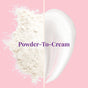 A split image shows white powder (left) and creamy white lotion (right) on a pink background. Center text reads: The Powder Shampoo Nourishing Repair Conditioner—powder-to-cream formula for damaged hair.