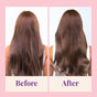 Side-by-side image of a woman’s hair from the back: “Before” shows straight, damaged hair; “After” reveals shiny, voluminous waves from using The Powder Shampoo Nourishing Repair Conditioner. Pink background.