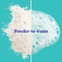 A split image features white powder on the left and white foam on the right, with "Powder-to-Foam" over turquoise, highlighting The Powder Shampoo’s Purifying Shampoo: a sulfate-free formula infused with refreshing peppermint oil.