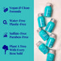 Seven turquoise Purifying Shampoo bottles from The Powder Shampoo are arranged diagonally on a light background, next to text noting vegan, clean, water-free, plastic- and sulfate-free formulas with peppermint oil; a tree is planted for every purchase.