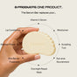 A hand holds an oval-shaped bar labeled The Serum Bar by Ember Wellness. Text lists skincare products it replaces: vitamin C serum, moisturizer, gua sha serum, eye care, overnight mask, barrier treatment, makeup primer, and lip balm.