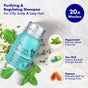 A turquoise bottle from The Powder Shampoo’s Powder Discovery Set is shown with peppermint leaves, zinc capsules, and papaya. This powder-to-foam shampoo purifies oily scalp and limp hair, delivers up to 20 washes, and is perfect for sustainable showers.