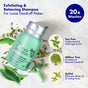 A green bottle of The Powder Shampoo's Powder Discovery Set sits beside drawings of tea tree, willow, and leaves. Text highlights its powder-to-foam formula for dandruff care, antibacterial action, and 20 eco-friendly showers per set.