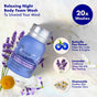 A Powder Discovery Set by The Powder Shampoo featuring nature-derived body wash, highlighted for its relaxing butterfly pea flower, lavender, and chamomile. Offers 20 washes and showcases key botanical ingredients for a soothing cleanse.