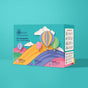 A vibrant box featuring Cappadocia hot air balloons and hills, labeled "Soar to New Heights" by The Powder Shampoo, offers eco-friendly powder shampoo and body wash—ideal for travel. Instructions and icons are shown on the side.