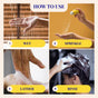 A step-by-step guide shows: 1. Wetting hands; 2. Sprinkling The Powder Shampoo’s Invigorating Powder Shampoo for Thinning & Ageing Hair from yellow, recyclable packaging; 3. Lathering; 4. Rinsing hair—each step is clearly labeled.