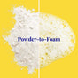 A yellow background split vertically: the left shows a pile of white powder, the right displays white foam. Across the center, blue text reads Invigorating Powder Shampoo by The Powder Shampoo—Botanical Ingredients for scalp balance.
