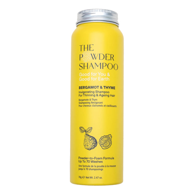 A yellow bottle of The Powder Shampoo Invigorating Powder Shampoo for Thinning & Ageing Hair highlights botanical ingredients and a powder-to-foam formula for scalp balance, featuring Bergamot & Thyme.