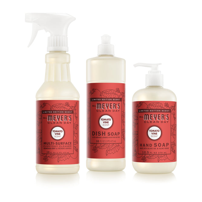 The Mrs. Meyer's Summer Cleaning Set – Home Essentials features Tomato Vine-scented Multi-Surface Cleaner, Dish Soap, and Hand Soap, each with red and cream labels.