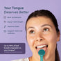 A woman uses the Radius Tongue Cleaner & Storage Case in teal on her tongue as part of her daily oral care routine. Text highlights benefits: bust up bacteria, enjoy fresh breath, improve taste, and support oral wellness. A note states that up to 90% of bad breath starts on the tongue, making a quality tongue cleaner like the Radius essential for a healthy mouth.