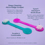 Two Radius Tongue Cleaner & Storage Case sets, featuring one teal and one pink double-ended cleaner with bristles on each end, are shown on a light purple background alongside text highlighting their durable, easy-to-use, and antimicrobial qualities—ideal for elevating your daily oral care routine. Each Radius tongue cleaner is expertly designed to effectively remove buildup for fresher breath and a healthier mouth.