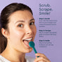 A woman uses the Radius Tongue Cleaner & Storage Case as part of her daily oral care routine. The text displays three steps: scrub with the cleaner, scrape for added freshness, and smile with confidence. The background is a light purple shade.