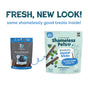 A comparison of Shameless Pets’ The Tooth Berry Dental Stick old blue bag and new light blue bag, with an arrow connecting them. Text above: Fresh, new look! Same shamelessly good, grain-free dental sticks inside!.
