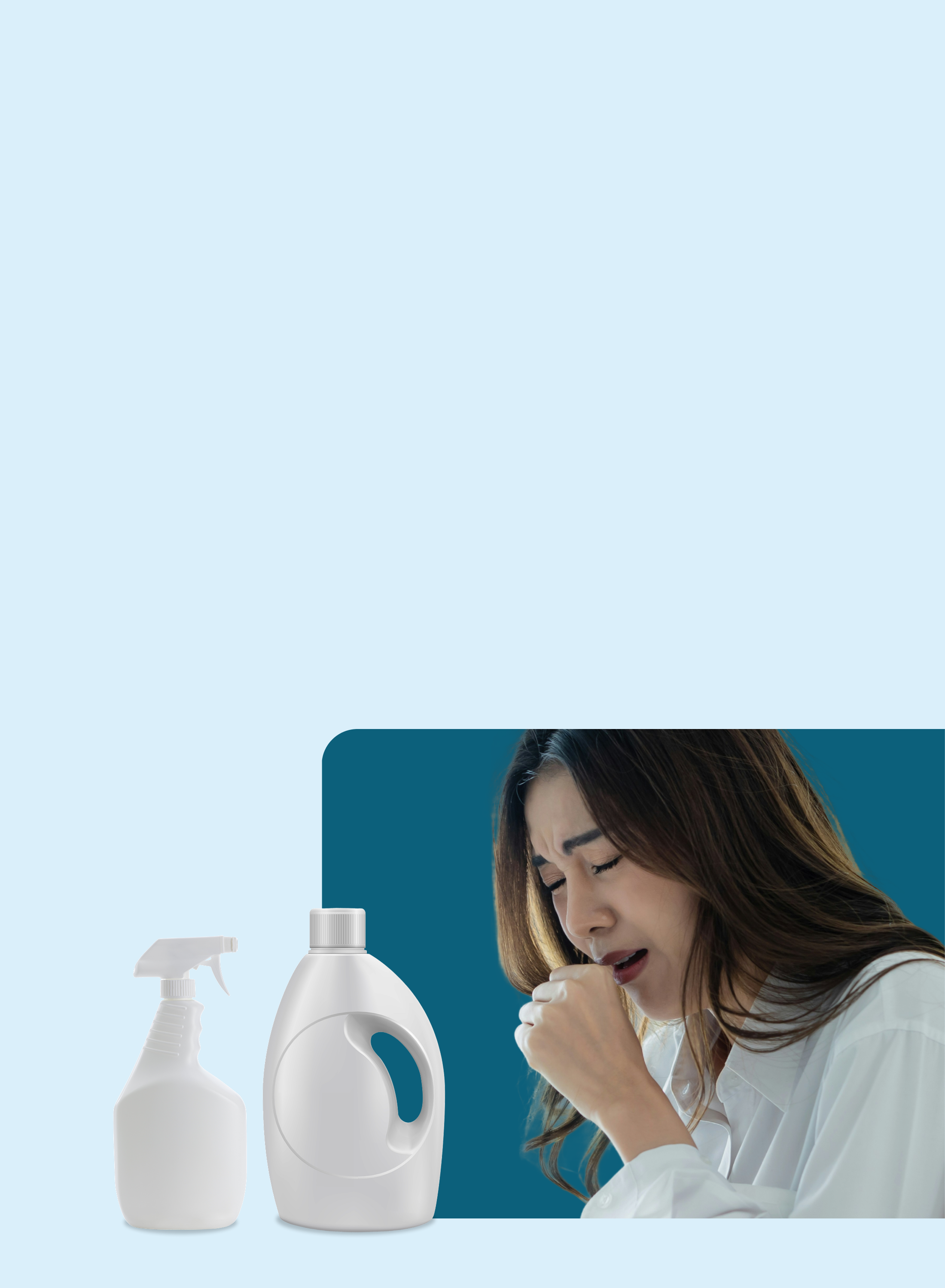 A woman coughing covers her mouth, appearing ill or irritated. In front of her are a spray bottle and a detergent bottle, against a light blue background with empty space above.