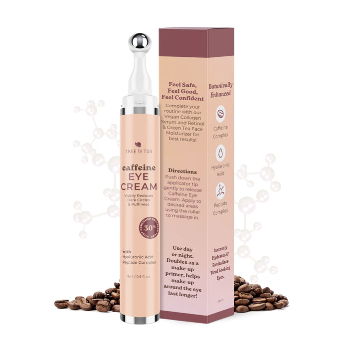The Tree To Tub Revitalizing Caffeine Eye Cream for Puffiness and Dark Circles, with a metallic-tipped dispenser, sits gracefully beside its box. Hyaluronic acid and peptides boost benefits while scattered coffee beans hint at its promise to reduce dark circles.