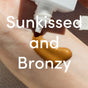 Uncommon Beauty Bronzing Drops, a golden shimmery lotion, is squeezed from a white tube onto the back of a hand. Large white text says “Sunkissed and Bronzy.”.