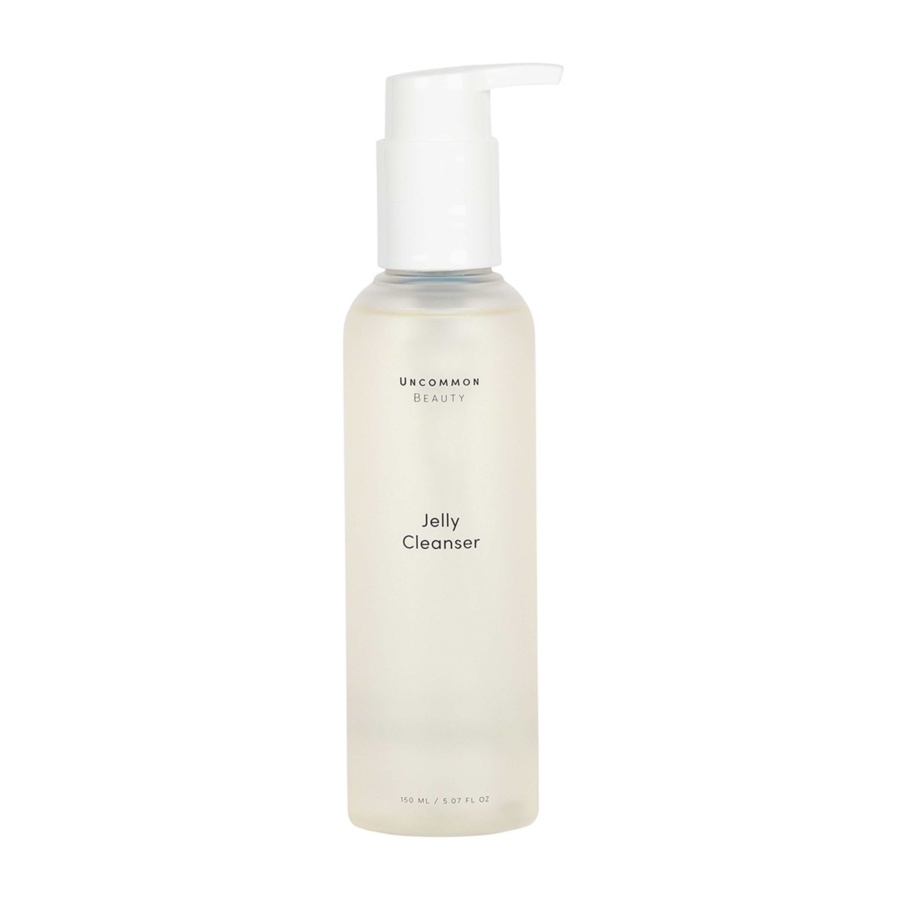 Uncommon Beauty Jelly Cleanser comes in a clear bottle with a white pump and minimalist design. This gentle, daily face cleanser offers a translucent, fragrance-free formula for clean, refreshed skin.