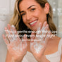 A smiling woman with blonde hair holds up her soapy hands. Overlaid text: “Uncommon Beauty’s Mini Jelly Cleanser is so mild I use it just about every single night” – Kristin Cavallari.