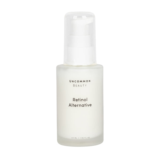 A 40 mL (1.35 fl oz) frosted glass pump bottle with a white cap, labeled Uncommon Beauty Retinol Alternative, holds this gentle, anti-aging skincare product.
