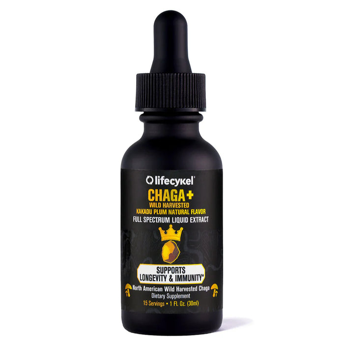 A black dropper bottle labeled Lifecykel Chaga+ Liquid Double Extract, featuring yellow and white text, uses a double extraction process to boost antioxidants for longevity and immune support.