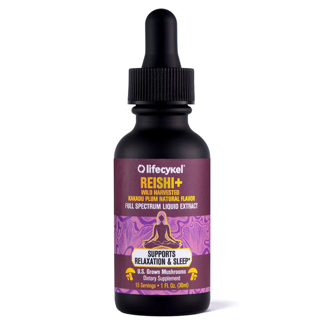 A dropper bottle of Lifecykel Reishi+ Liquid Double Extract with a purple label, featuring wild-harvested Reishi mushrooms, Kakadu Plum flavor, and U.S.-grown mushrooms—designed to support relaxation and sleep.